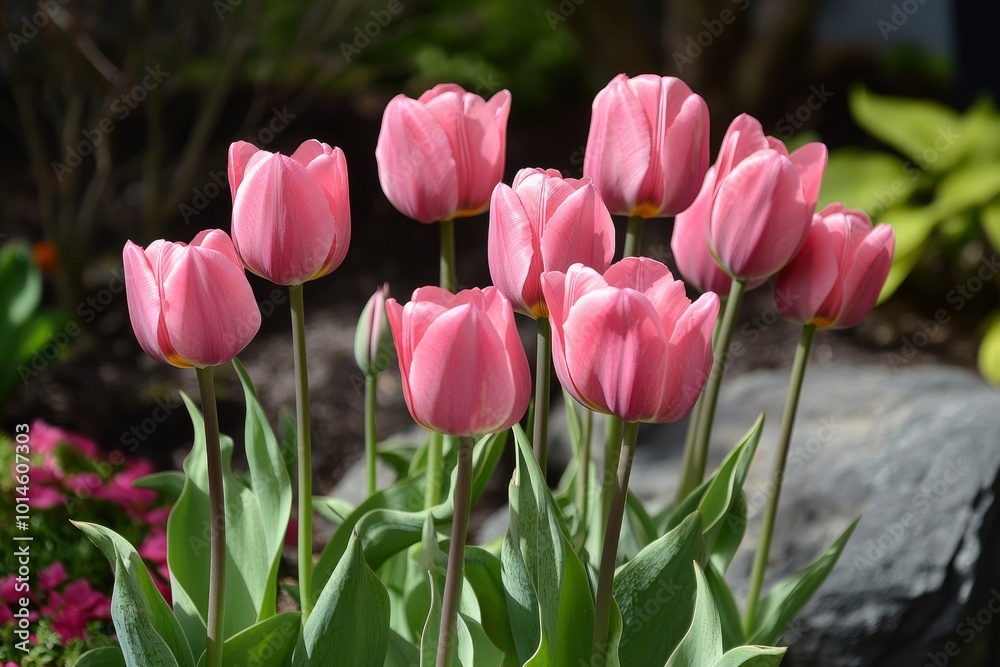 pink tulips growing in the garden - generative ai pink tulips growing in the garden - generative ai