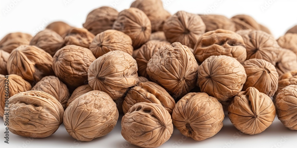 A close-up of a large pile of unshelled walnuts on a white background, highlighting their textured shells and natural brown color A close-up of a large pile of unshelled walnuts on a white background, highlighting their textured shells and natural brown color