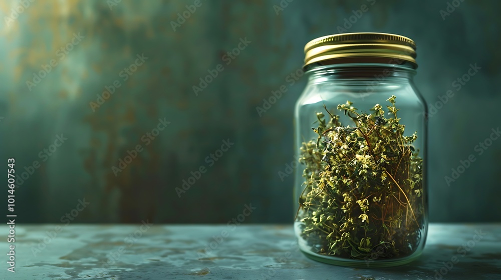 A clear glass jar filled with golden decorative elements, set against a soft, blurred background, creating a minimalist yet elegant aesthetic. A clear glass jar filled with golden decorative elements, set against a soft, blurred background, creating a minimalist yet elegant aesthetic.