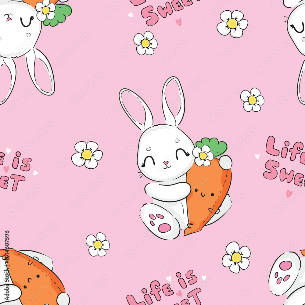 Seamless pattern Cute Bunny and carrots, print design rabbit background, children print textile design. Hand Drawn Vector Seamless pattern Cute Bunny and carrots, print design rabbit background, children print textile design. Hand Drawn Vector