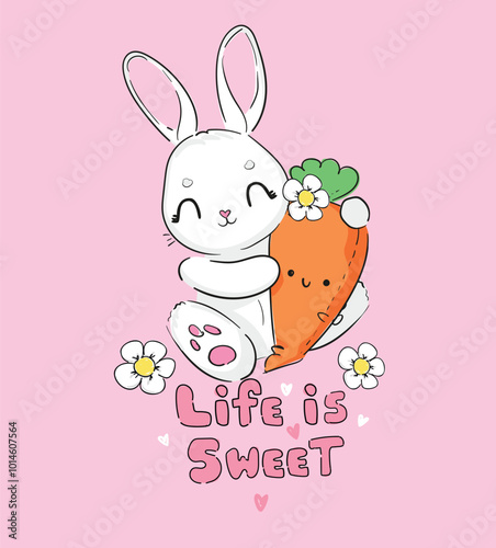 Cute rabbit and carrot. Childish vector illustration. Bunny Print design 