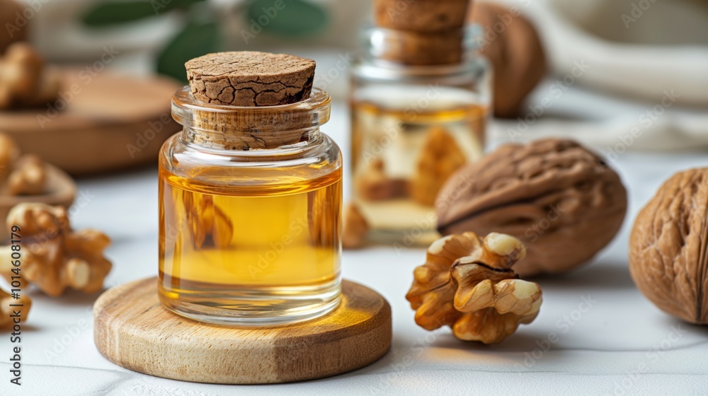A close-up shot of a glass bottle filled with walnut oil, placed on a small wooden base, surrounded by whole walnuts and walnut halves, with soft background bokeh A close-up shot of a glass bottle filled with walnut oil, placed on a small wooden base, surrounded by whole walnuts and walnut halves, with soft background bokeh