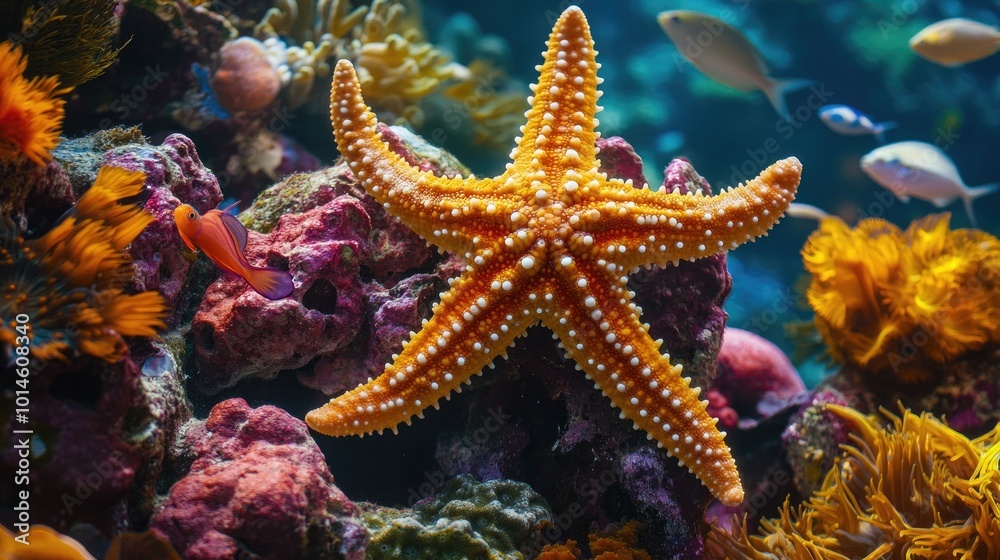 A vibrant photo of a starfish attached to a vibrant coral formation, with fish swimming nearby, showcasing the beauty and harmony of underwater ecosystems A vibrant photo of a starfish attached to a vibrant coral formation, with fish swimming nearby, showcasing the beauty and harmony of underwater ecosystems