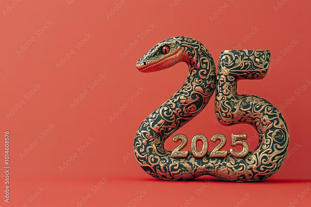 Obraz premium 2025. numbers close up. A simple shaped snake coils around ornate numbers isolated on a red background.