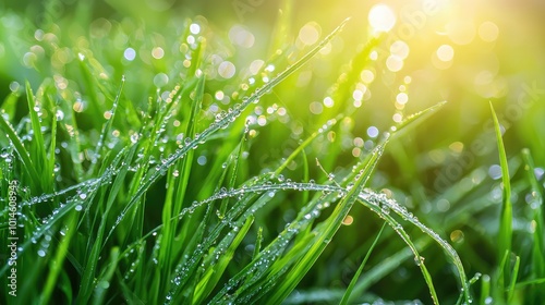 Close-up of fresh green grass blades adorned with morning dew drops, basking in warm sunlight, evoking tranquility and nature's beauty.