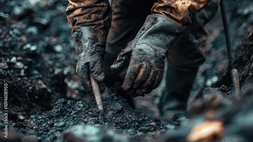 Close-up of dirty hands wearing gloves, digging into dark soil with a tool, showcasing hard work and labor in a rugged environment.