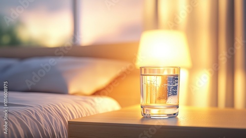 A glass of water on a wooden bedside table, softly lit by a warm bedside lamp, ready for nighttime hydration.