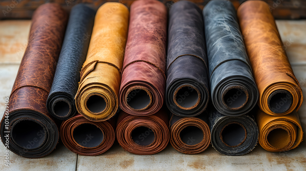A photograph of several rolls of leather in various colors and textures, highlighting the diversity and craftsmanship of leather materials. The image showcases the smooth, rugged, and natural variatio A photograph of several rolls of leather in various colors and textures, highlighting the diversity and craftsmanship of leather materials. The image showcases the smooth, rugged, and natural variatio