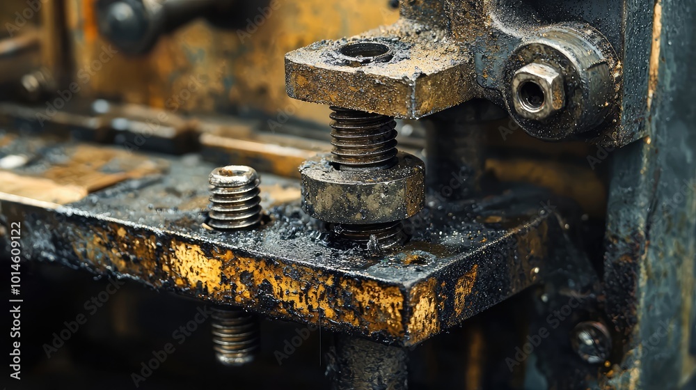 Close-up of rusty machine parts showcasing aging metal, screws, and grease, illustrating the mechanics of industry and wear. Close-up of rusty machine parts showcasing aging metal, screws, and grease, illustrating the mechanics of industry and wear.