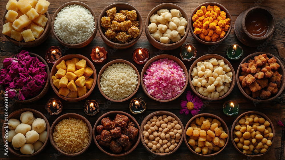 Top view of a vibrant assortment of Indian sweets for Diwali, celebrating the festival of lights with rich flavors and artistic presentation. Top view of a vibrant assortment of Indian sweets for Diwali, celebrating the festival of lights with rich flavors and artistic presentation.