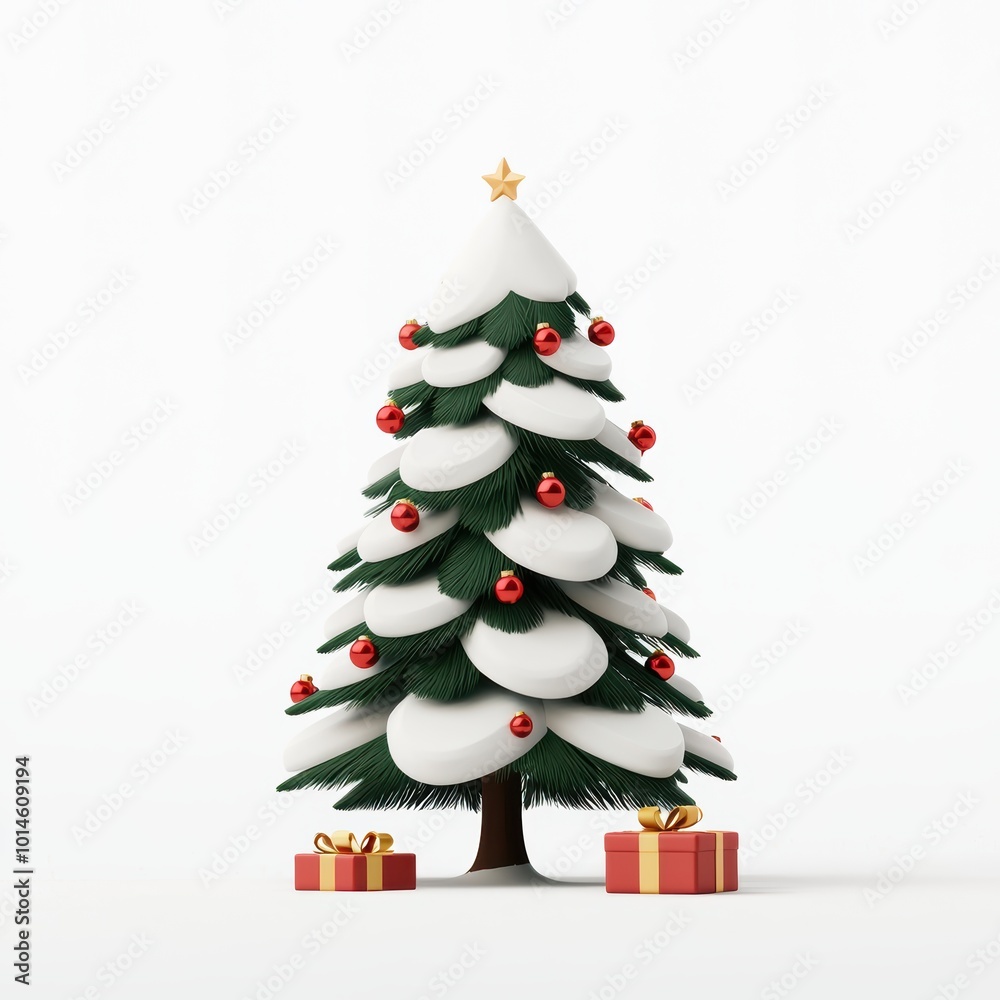 A beautifully decorated Christmas tree with red ornaments, white snow-like accents, and gift boxes underneath, all on a white isolated background. A beautifully decorated Christmas tree with red ornaments, white snow-like accents, and gift boxes underneath, all on a white isolated background.
