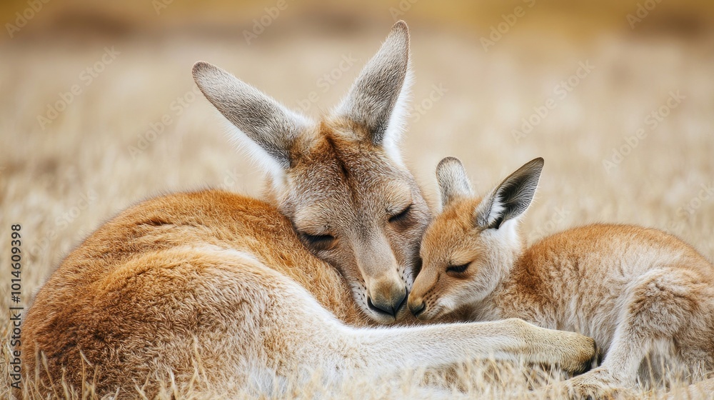 Fototapeta premium A vibrant photograph of a kangaroo mother grooming her joey, with soft fur and tender moments shared between the two, against the backdrop of open plains
