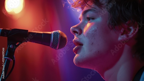 Young Man Singing into a Microphone Under Stage Lights