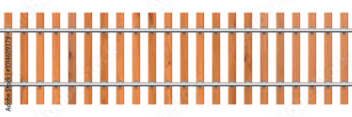 Railway train track vector background. Realistic seamless straight railroad path with wooden sleepers and metal rails isolated on white backdrop. Wood vertical fence with metallic rails.