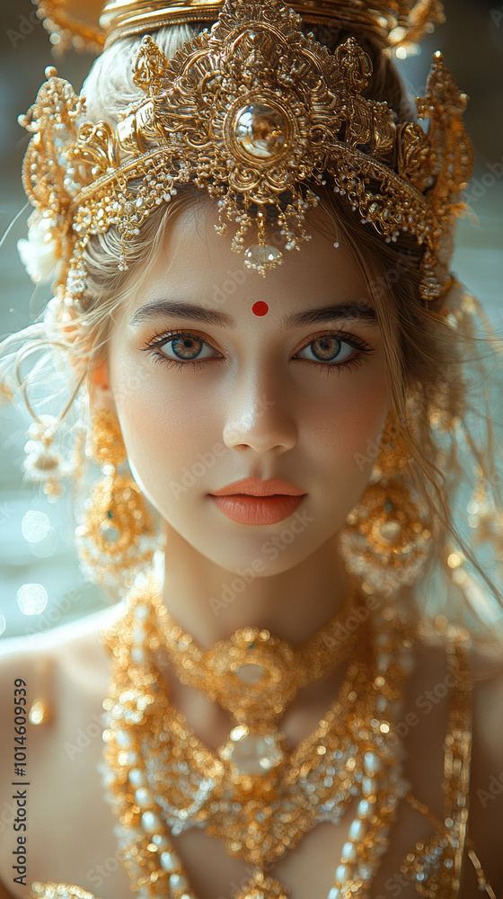 Fototapeta premium A captivating portrait of a woman in traditional attire, radiating beauty and joy during Diwali festivities.