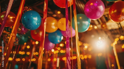 Colorful balloons and festive ribbons create a cheerful party atmosphere under glowing lights, perfect for celebrations. photo