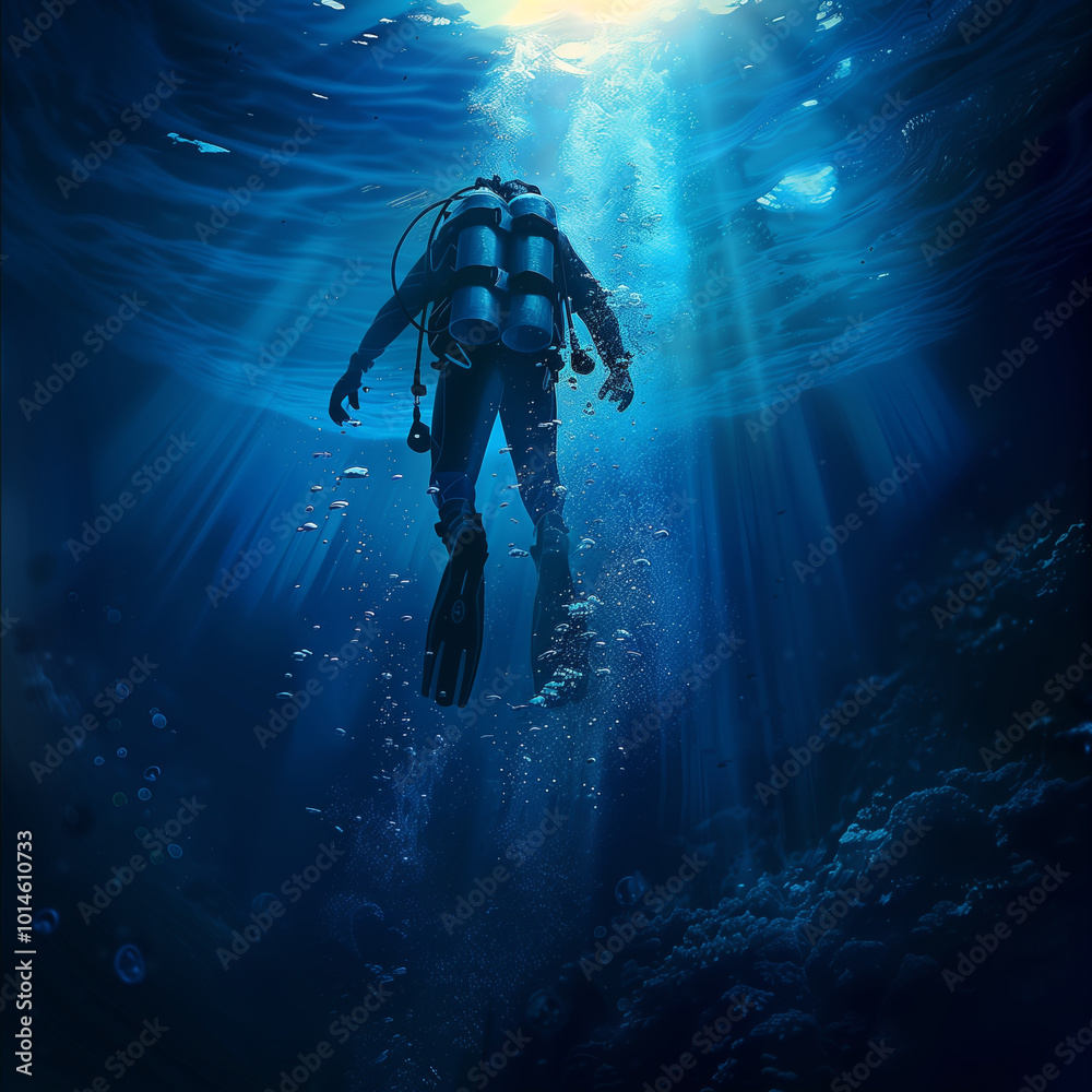 Scuba diver submerged in deep blue sea with sunlight above. Scuba diver submerged in deep blue sea with sunlight above.