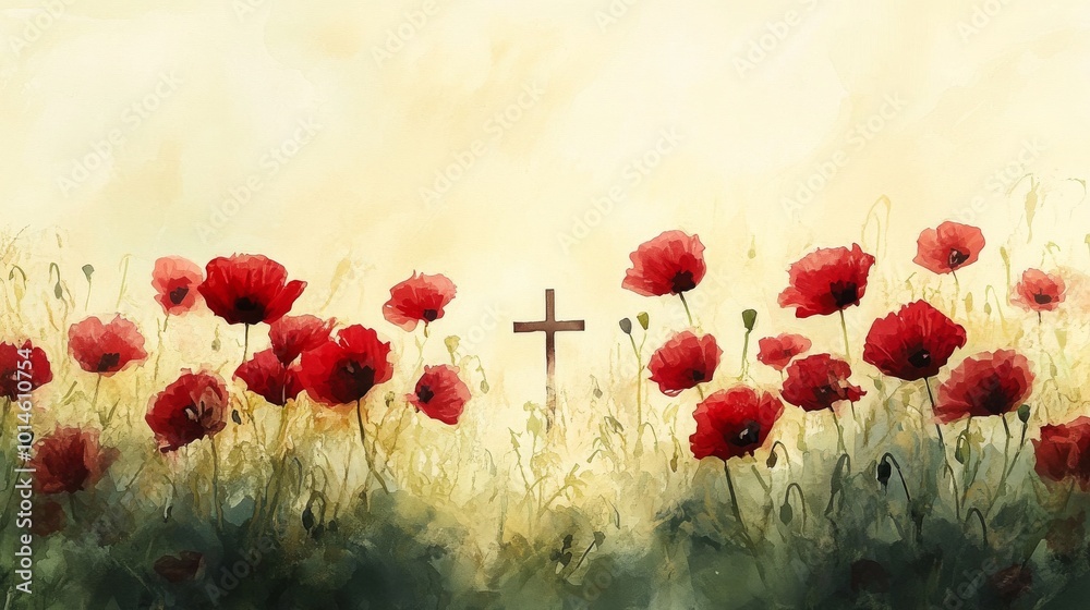Naklejka premium Watercolor image of a field of red poppies with a subtle remembrance cross, blending peace with remembrance.