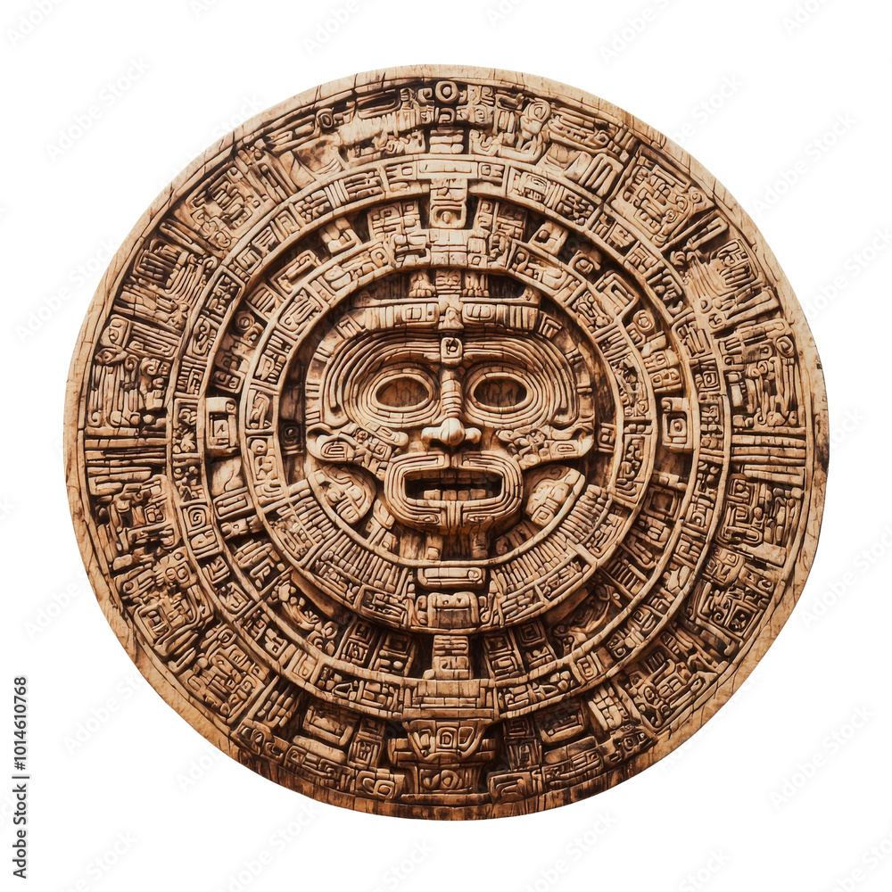 Intricate Circular Aztec Calendar Carving with Detailed Design. Intricate Circular Aztec Calendar Carving with Detailed Design.