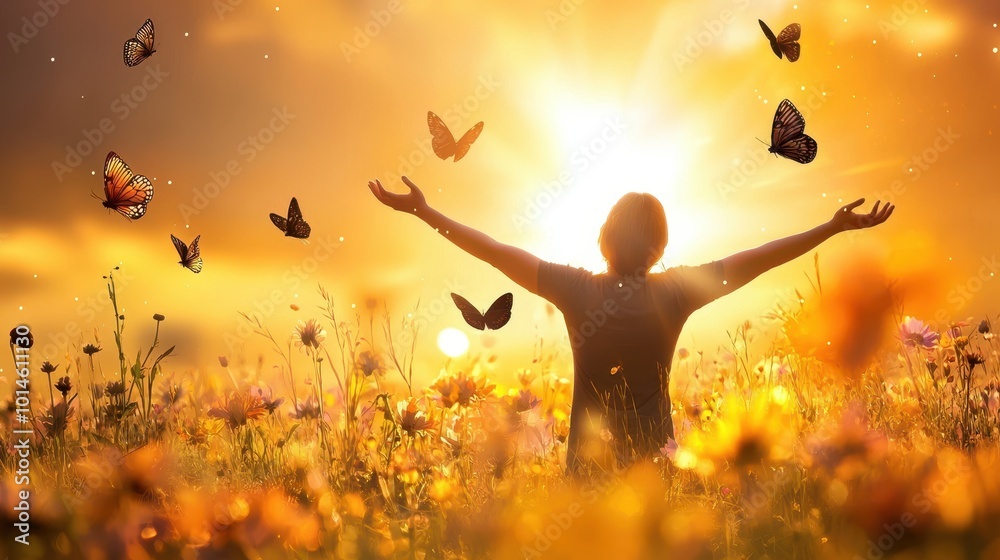 A person smiling with their arms open, standing in a field of flowers, symbolizing freedom and mental well-being. Sunlight filters through, creating a vibrant, hopeful scene. A person smiling with their arms open, standing in a field of flowers, symbolizing freedom and mental well-being. Sunlight filters through, creating a vibrant, hopeful scene.