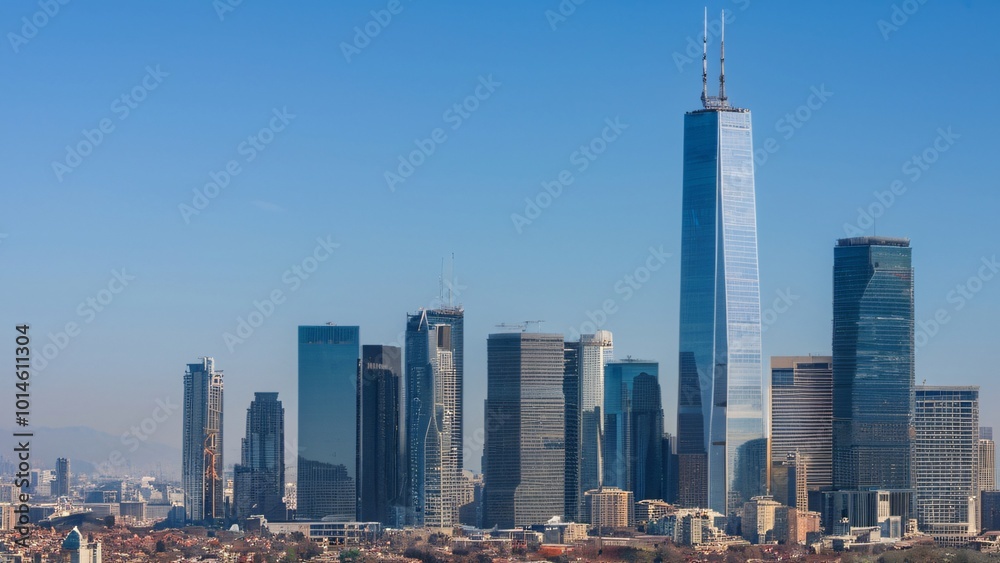 Obraz premium Vibrant Midday City Skyline Under Clear Blue Skies