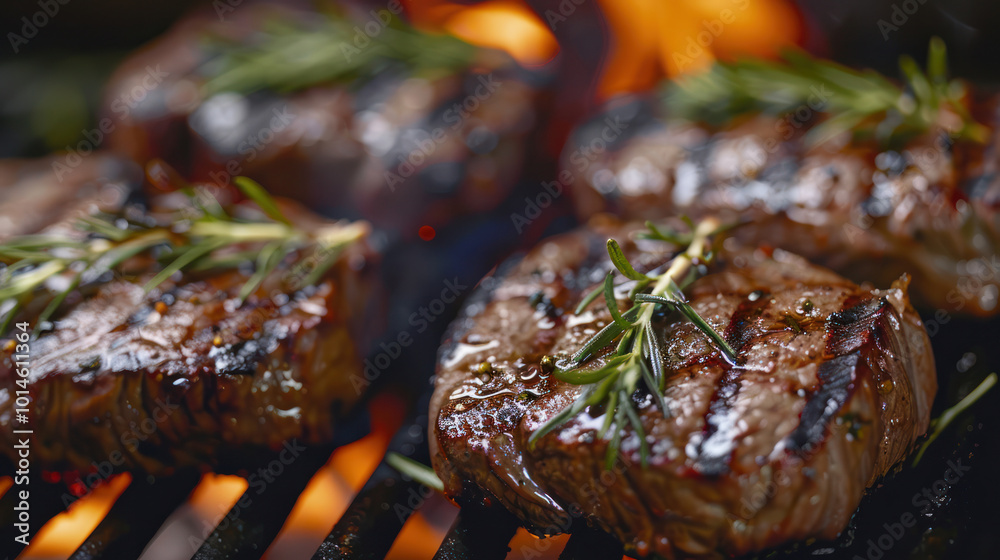 close up grill steak meat beef fire burn rosemary on top