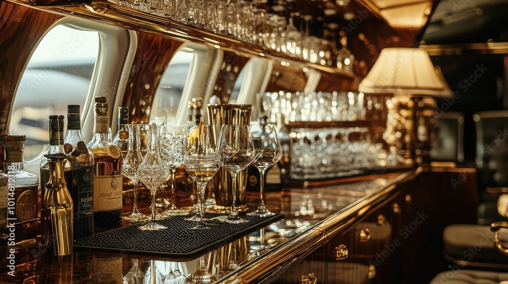 Elegant bar setup featuring an array of fine glassware and premium spirits, creating a luxurious atmosphere in an upscale setting. Elegant bar setup featuring an array of fine glassware and premium spirits, creating a luxurious atmosphere in an upscale setting.