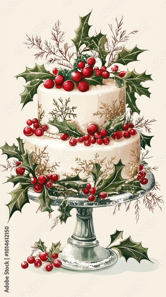 Elegant Christmas cake adorned with holly and red berries, perfect for holiday celebrations and festive occasions.