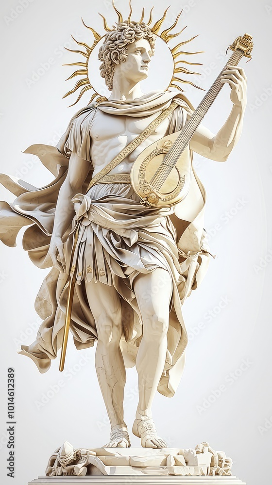 Obraz premium Elegant statue of Apollo, the Greek god of music and arts, holding a lyre, surrounded by a radiant sun.