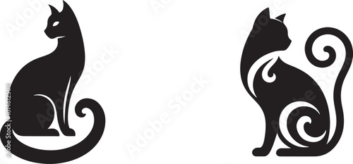 Cat sitting with curled tail silhouette sets