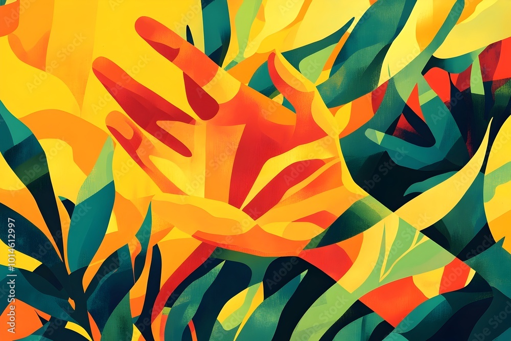 Fototapeta premium Expressive Fluid Hand Signage Against Vibrant Modernist Bauhaus Inspired Nature Backdrop