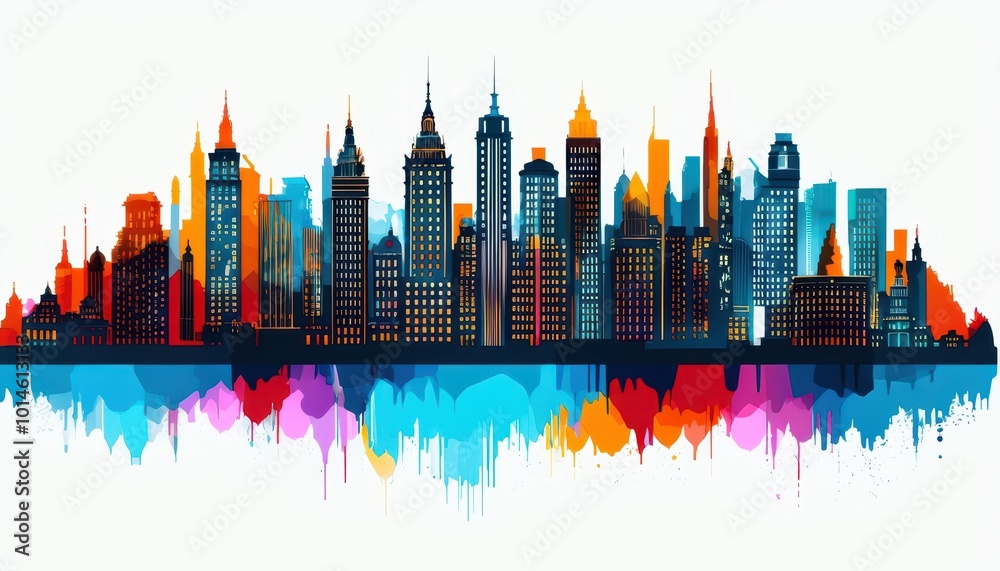 Obraz premium A vibrant city skyline illustration with colorful abstract elements.