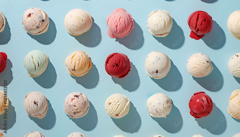 Top view of seamless background of assorted scoops of ice cream arranged in lines on blue table Top view of seamless background of assorted scoops of ice cream arranged in lines on blue table