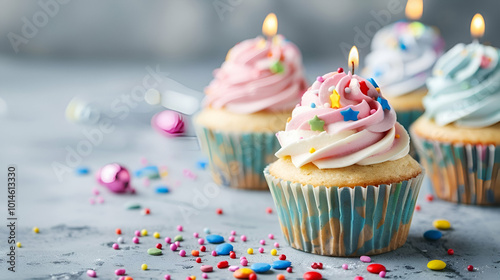 Delicious birthday cupcakes on table on light background