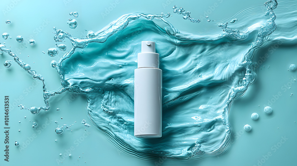 A white tube of facial cream is floating in the water, surrounded by ripples, creating a serene and refreshing image. The minimalistic design of the tube contrasts with the natural water element, high A white tube of facial cream is floating in the water, surrounded by ripples, creating a serene and refreshing image. The minimalistic design of the tube contrasts with the natural water element, high