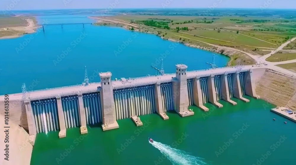 Aerial View of Modern Dam with Turbines and Waterbody Aerial View of Modern Dam with Turbines and Waterbody