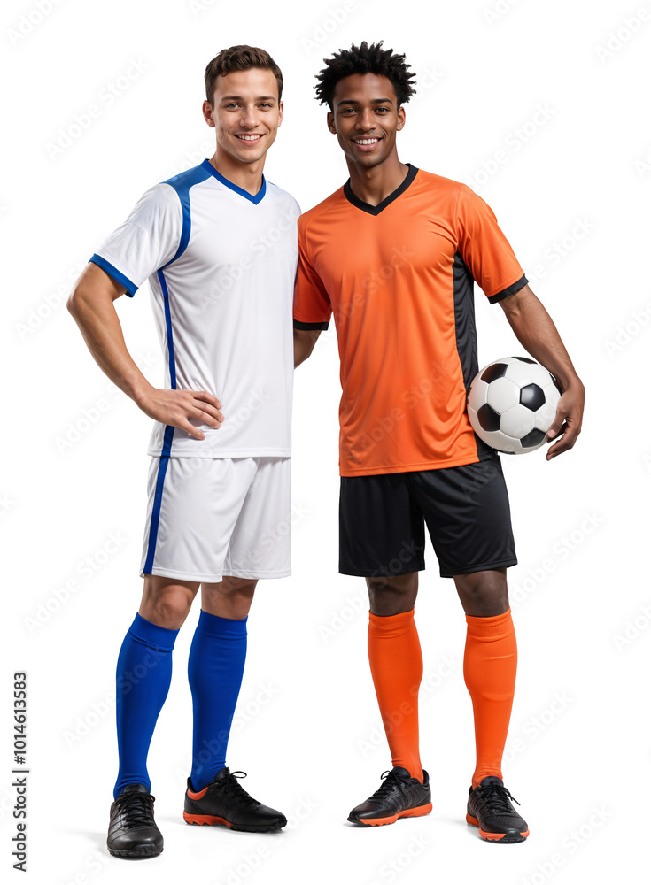 Two pro soccer player from different team side by side showing friendly sportsmanship