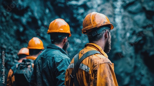 Group of miners wearing safety helmets, working in a rocky environment. Dedicated teamwork and safety in mining industry.