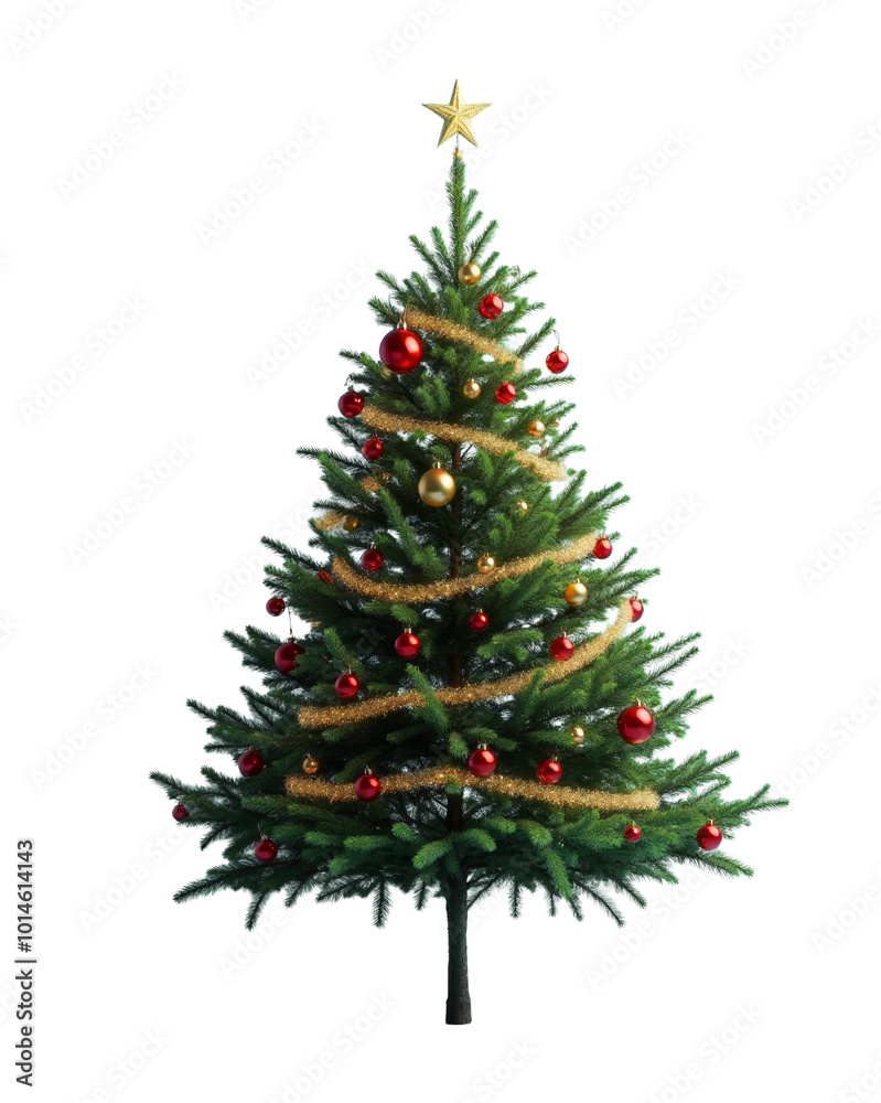Traditional green Christmas tree with red ornaments and tinsel garland on a transparent background. Ideal for holiday designs, greeting cards, and festive projects Traditional green Christmas tree with red ornaments and tinsel garland on a transparent background. Ideal for holiday designs, greeting cards, and festive projects