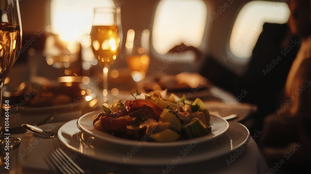 Luxurious in-flight dining experience with gourmet meal and sparkling beverage, beautifully presented at sunset. Luxurious in-flight dining experience with gourmet meal and sparkling beverage, beautifully presented at sunset.