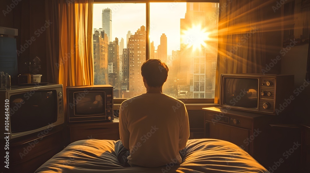 A man sits on his bed in the bedroom, looking at city through an open window with the sunset and sun rays shining into the room A man sits on his bed in the bedroom, looking at city through an open window with the sunset and sun rays shining into the room