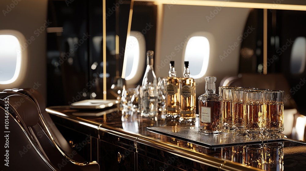 Luxury drinks arranged elegantly on a polished surface in a private jet, showcasing opulence and stylish travel comfort. Luxury drinks arranged elegantly on a polished surface in a private jet, showcasing opulence and stylish travel comfort.
