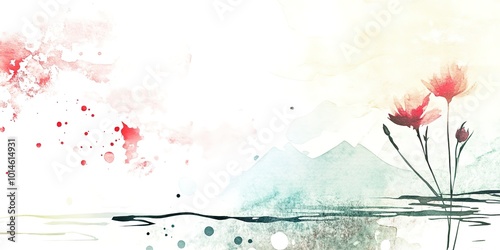 Watercolor landscape, mountains with flowers in the foreground.  