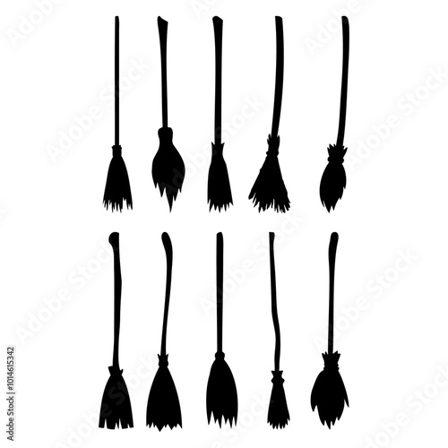 Colección de escobas. Set de siluetas de escoba de bruja para felicitaciones y tarjetas de Halloween	