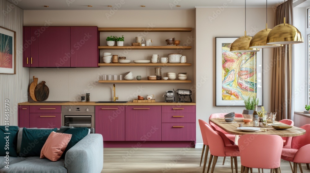 Chic apartment with magenta kitchen cabinets, wooden art shelves, vanilla walls, brass pendant lights, slate grey sofa, and coral dining chairs
