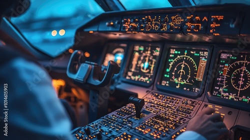 Pilot operating a sophisticated aircraft cockpit with illuminated controls and displays during a flight at twilight. photo