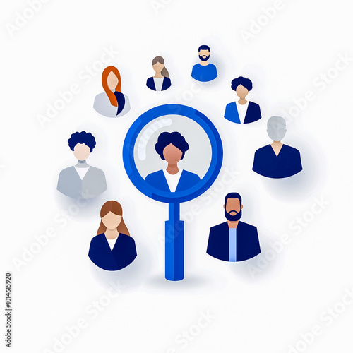 Illustration of diverse individuals connected around a magnifying glass, symbolizing search for talent or teamwork in business.