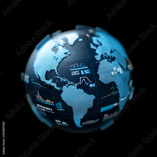Digital globe with data visualization, highlighting technology and global analytics on a dark background, symbolizing connectivity.