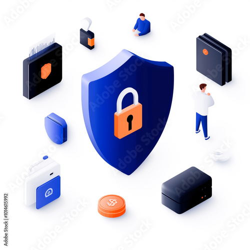 3D illustration of cybersecurity concept with shield and lock surrounded by digital devices and icons, representing data protection.