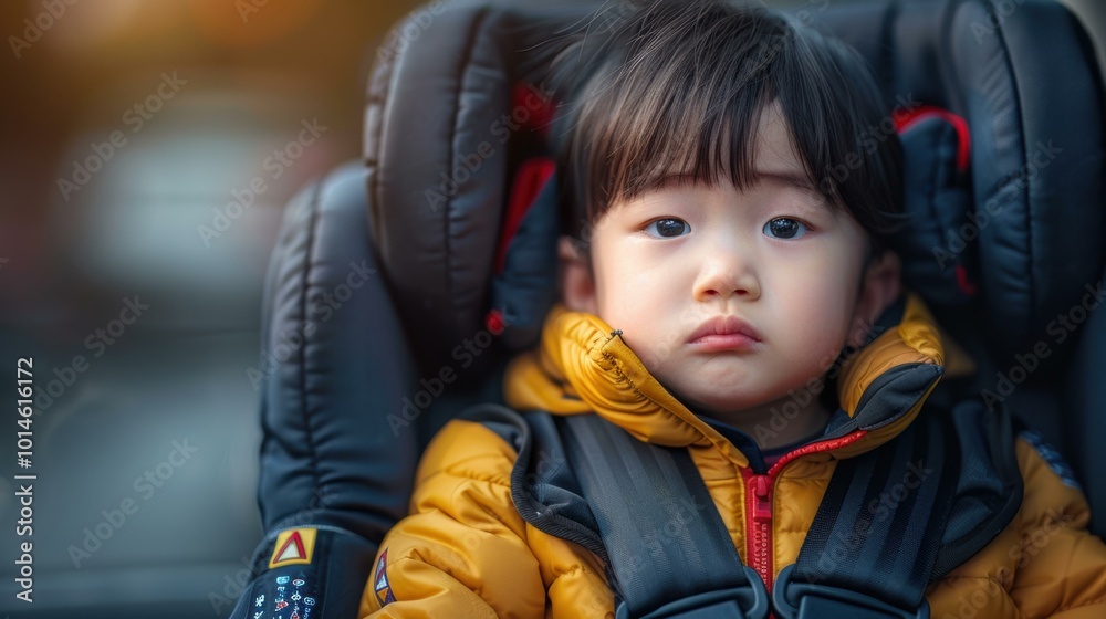 Εκτύπωση καμβά A young child sits in a car seat, looking straight ahead. AI.